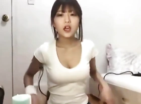 Adorable korean lady dancing in webcam showcase