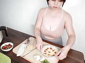 Sexy Busty Beauty Her Cooking Abilities Making Snacks - Straw Berry